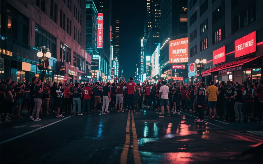 休斯敦夜景与球迷赛后聚会氛围的城市观赛场景