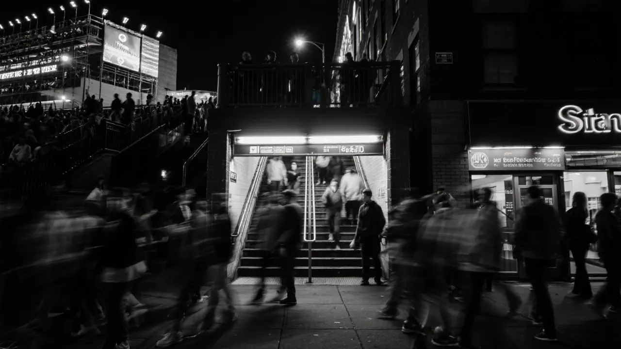 夜晚的纽约街头与地铁入口，球迷散场回程的动线，强调安全与高效出行